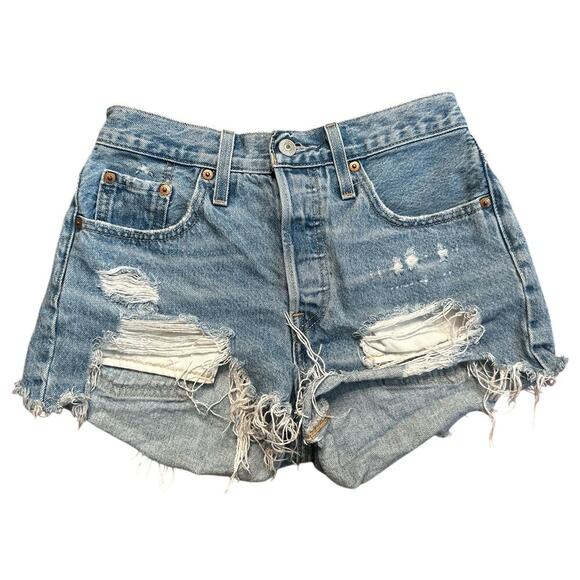 Levis' 501 Blue Denim Distress Cut Off High Rise Button Fly Jean Shorts Size 25 - Picture 1 of 6
